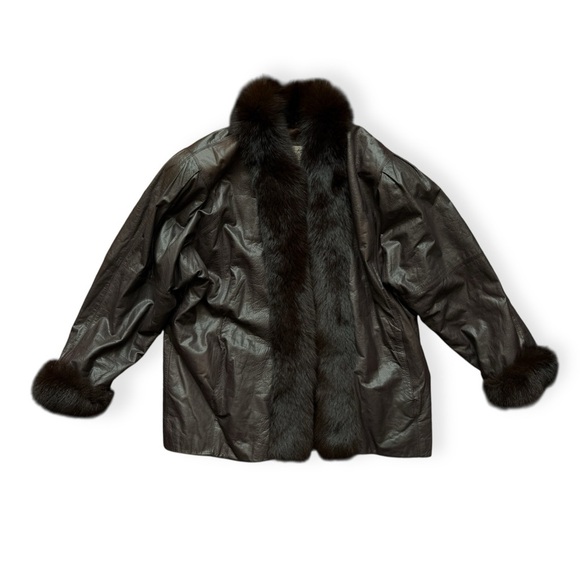 Roxiticus Brown Oversized Leather Jacket Brown Size XL Fur Trim 1980’s Vintage - Picture 1 of 8
